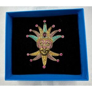 Vintage‎ Heidi Daus Mardi Gras Jester Mask Brooch Pin Crystal Venetian Carnival